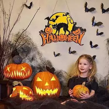 Деревянная табличка на дверь на Хэллоуин, тыква, летучая мышь, черная кошка, круглая вешалка на дверь, настенная табличка для входной двери, украшение для дома и улицы
