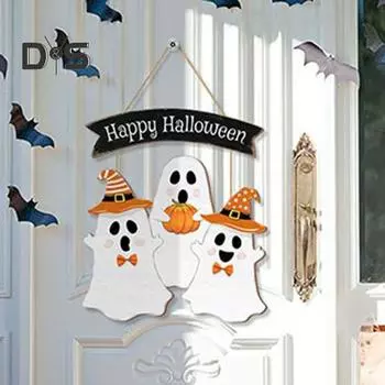 Деревянная табличка на дверь на Хэллоуин, жуткая тыква, призрак, черная кошка, вешалка на дверь, настенная табличка для входной двери, украшение для дома и улицы B