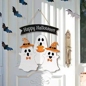 Деревянная табличка на дверь на Хэллоуин, жуткая тыква, призрак, черная кошка, вешалка на дверь, настенная табличка для входной двери, украшение для дома и улицы