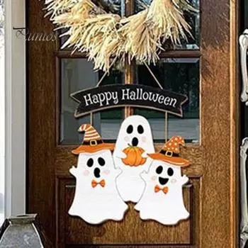 Деревянная табличка на дверь на Хэллоуин, жуткая тыква, призрак, черная кошка, вешалка на дверь, настенная табличка для входной двери, украшение для дома и улицы B