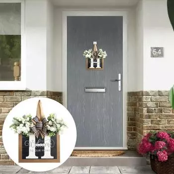 Деревянная табличка на дверь с буквой H и бантом из искусственного цветка. Добро пожаловать в наш дом. Вешалка на дверь. Настенная табличка для входной двери. Украшение. 30*30cm