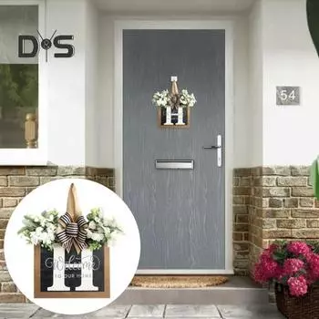 Деревянная табличка на дверь с буквой H и бантом из искусственного цветка. Добро пожаловать в наш дом. Вешалка на дверь. Настенная табличка для входной двери. Украшение. 30*30cm