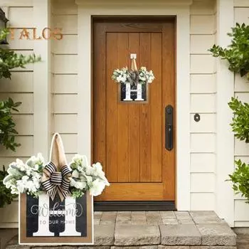 Деревянная табличка на дверь с буквой H и бантом из искусственного цветка. Добро пожаловать в наш дом. Вешалка на дверь. Настенная табличка для входной двери. Украшение. 30*30cm