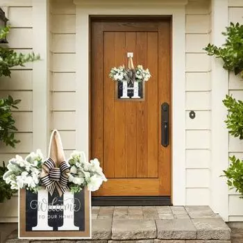 Деревянная табличка на дверь с буквой H и полосатым бантом из искусственного цветка Добро пожаловать 30*30cm