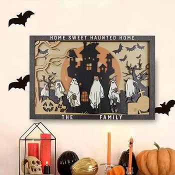 Деревянная табличка на Хэллоуин, украшение, жуткий замок, летучая мышь, призрак, настольная фигурка, офисный домашний стол