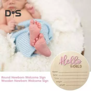 Деревянная табличка с объявлением о рождении ребенка. Привет, мир. Знак приветствия новорожденного. Имя. Дата. Время. Круглая табличка. Подарок для молодых родителей. зелёный