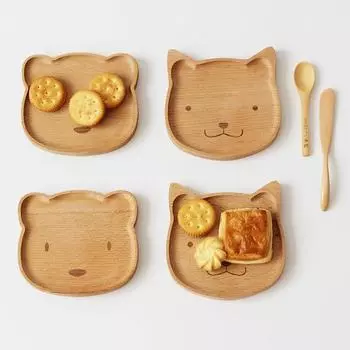 Деревянная тарелка с милым мультяшным котом и медведем из цельного дерева, фруктовые блюда, блюдце, поднос для чая, десертная обеденная тарелка, столовая посуда для сервировки для детей и младенцев A