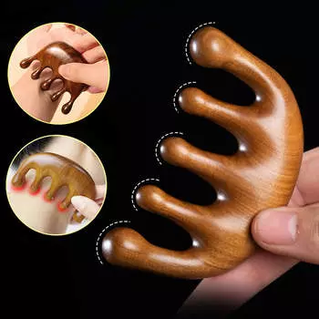 Деревянная терапевтическая массажная расческа для головы, лица, кожи головы, массажер Гуа Ша, натуральный массажер для лица из сандалового дерева с широкими зубцами, скребковый массажер для тела Гуаша