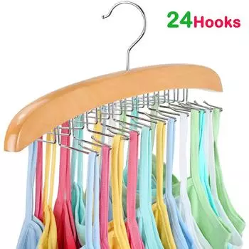 Деревянная вешалка для нижнего белья с вращением на 360°, экономящая место стойка для хранения кофточек с 24 крючками для платьев, маек, галстуков, органайзеров для шкафа 1Pcs