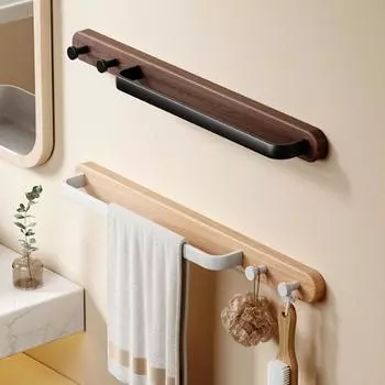 Деревянная вешалка для полотенец для ванной комнаты с 2 крючками, черно-белая, алюминиевая, настенная, держатель для полотенец для ванной комнаты, вешалка для хранения, полка для подвешивания