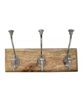 Деревянная вешалка с 3-мя металлическими крючками, Никель, Wooden 3 Hanger Hook Nickel, John Molly Decor&Gifts