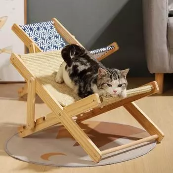 Деревянное кресло для отдыха для кошек, приподнятая кровать для кошек из натурального массива дерева с прочным холстом, регулируемое пляжное кресло для домашних животных, для уличных домашних кошек, котят 49x33x35cm бежевый