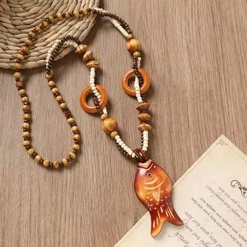 Деревянное ожерелье из бусин, ретро, литературное, длинная цепочка для свитера, женское, богемное, аксессуары из хлопка и льна, кулон