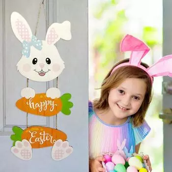 Деревянное пасхальное украшение, подвесное украшение в виде кролика, морковки, подвеска с надписью «Счастливой Пасхи» для входной двери дома, гостиной, сада Rabbit