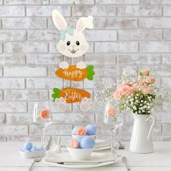 Деревянное пасхальное украшение, подвесное украшение в виде кролика, морковки, подвеска с надписью «Счастливой Пасхи» для входной двери дома, гостиной, сада Rabbit