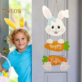 Деревянное пасхальное украшение, подвесное украшение в виде кролика, морковки, подвеска с надписью «Счастливой Пасхи» для входной двери дома, гостиной, сада Rabbit
