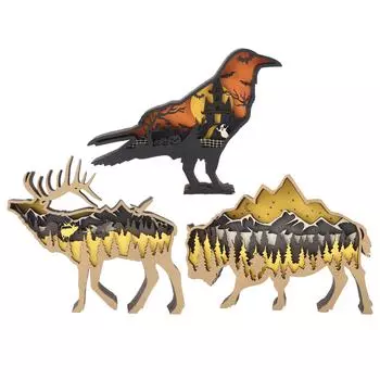 Деревянное резное украшение со светом 3D резьба по дереву животные поделки со светом для украшения на Хэллоуин Crow