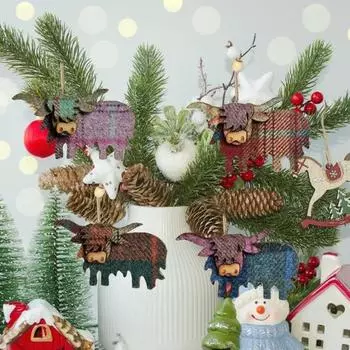 Деревянное украшение в виде коровы Хайленд, деревенское подвесное украшение в виде коровы Хайленд, шотландское украшение для дерева, подарок любителям животных оранжевый