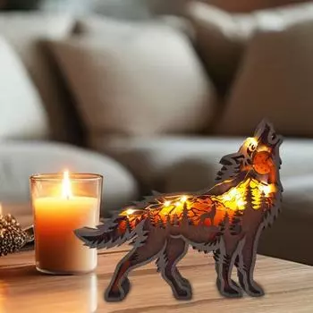 Деревянное украшение в виде волка, 3D-многослойная резьба, скульптура волка, домашний офис, настольный декор, деревенская статуя лесного животного для любителей животных Without Light