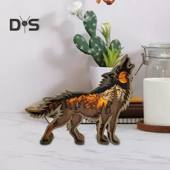 Деревянное украшение в виде волка, 3D-многослойная резьба, скульптура волка, домашний офис, настольный декор, деревенская статуя лесного животного для любителей животных Without Light