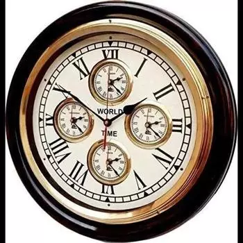 Деревянные 16-дюймовые круглые настенные часы с золотым кольцом, антикварный дизайн, мировое время 5 стран, украшение для домашнего офиса, лучший подарок на Дивали M коричневый
