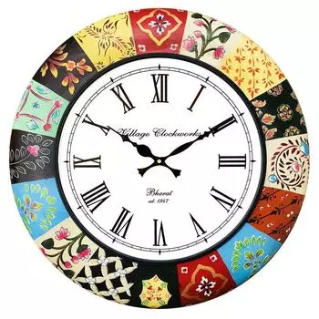 Деревянные аналоговые настенные часы | Расписанные вручную в разные цвета | Большие декоративные часы для гостиной, холла | Идеально для и домашнего декора | Размер часов - 16 дюймов