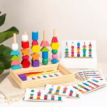 Деревянные бусины и игрушки для укладки – шнуровка бусин, укладка фигур и последовательность блоков для развития когнитивных и моторных навыков