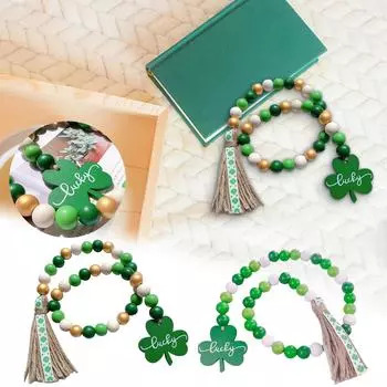 Деревянные бусины ко Дню Святого Патрика, гирлянда из бусин в стиле фермерского дома с зеленой подвеской и кисточкой, День Святого Патрика