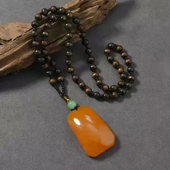 Деревянные бусины Восковое ожерелье Независимо от бренда Подвеска Пиксю Желтый янтарь цвета куриного жира Мужская и женская длинная цепочка-подвеска для свитера