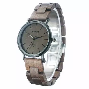 Деревянные часы кварцевые часы тонкие эко орех [Bewell] WYJ-W163AL-WB женские