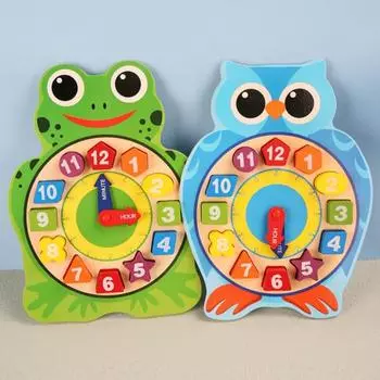 Деревянные часы, яркие цветные часы, обучающие обучающие мультяшные часы в форме животного, цифровые часы, игрушка-головоломка для детей