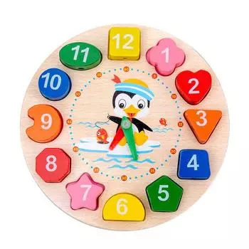 Деревянные часы с сортировкой по форме и цвету в виде пингвина, набор цифровых блоков, игрушки Монтессори для детей 1pc