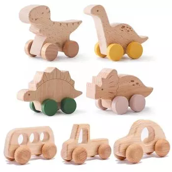 Деревянные детские игрушки-машинки из бука, деревянный динозавр, мультяшный автомобиль-прорезыватель, развивающие игрушки Монтессори для детей, детские игрушки для прорезывания зубов