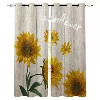 Деревянные доски Подсолнухи Растения Плотные шторы для гостиной Спальня Оконные шторы Жалюзи Шторы для кухни W135 x H60cm