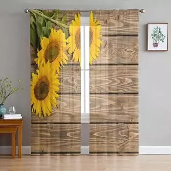 Деревянные доски с подсолнухами, прозрачные занавески для гостиной, вуаль для оконных жалюзи, тюль для спальни, драпировка для кухни, шторы для зала Cortinas 1 PCS W100XH250cm