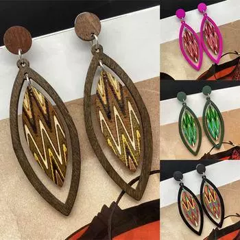 Деревянные геометрические украшения Серьги Винтажные серьги Богемные серьги-подвески Листья 7.5*2.5cm жёлтый