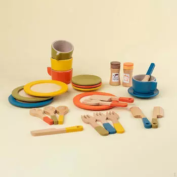 Деревянные игрушечные тарелки, посуда, игровые столовые приборы, набор тарелок, цветные ложки, чашки, Монтессори, ролевые игры