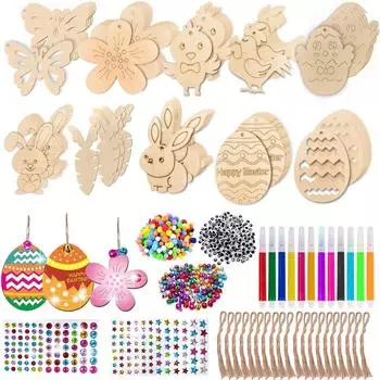 Деревянные пасхальные подвески для рисования, пасхальные поделки для детей, деревянные пасхальные подвески с акварельными ручками, стразами, украшениями.12 мл One Size