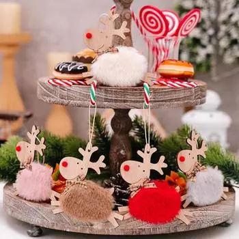 Деревянные подвесные украшения в виде лося, деревенская плюшевая подвеска в виде лося с клетчатым бантом, праздничные подвески на рождественскую елку для рождественской вечеринки, украшения для дома A