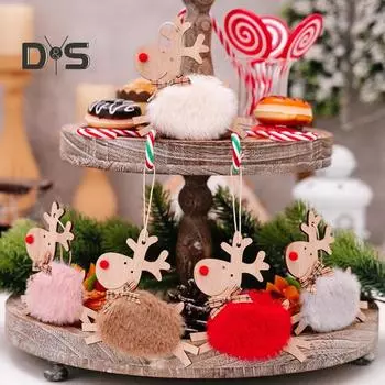 Деревянные подвесные украшения в виде лося, деревенская плюшевая подвеска в виде лося с клетчатым бантом, праздничные подвески на рождественскую елку для рождественской вечеринки, украшения для дома A
