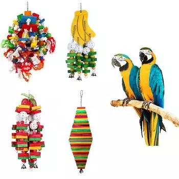 Деревянные принадлежности для попугаев, серый попугай Yali, игрушка для укуса солнца, игрушка для птиц, банан, яблоко, большие строительные блоки, четыре игрушки для домашних животных
