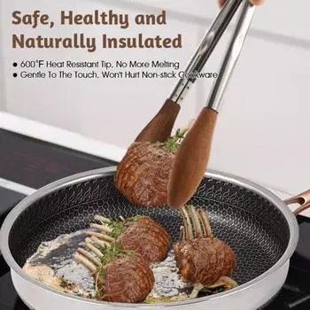 Деревянные щипцы для приготовления пищи Кухонные щипцы из нержавеющей стали Зажим для еды с фиксатором Термостойкие кухонные принадлежности Набор для гриля Сервировка A