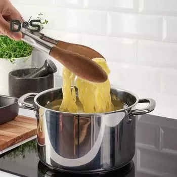 Деревянные щипцы для приготовления пищи Кухонные щипцы из нержавеющей стали Зажим для еды с фиксатором Термостойкие кухонные принадлежности Набор для гриля Сервировка A