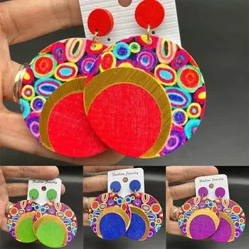 Деревянные серьги Печать Богемные серьги Цветной орнамент Большие серьги 6.2*5cm чёрный