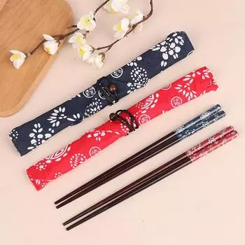 Деревянные столовые приборы в китайском стиле, набор палочек для еды с тканевой сумкой, портативное путешествие синий