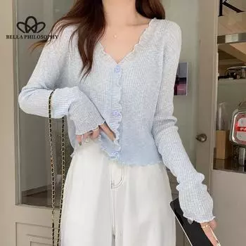 Деревянные уши с V-образным вырезом, тонкий солнцезащитный вязаный кардиган с длинными рукавами и женский модный топ. onesize синий