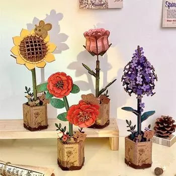Деревянный 3D-пазл Цветок DIY Ручная работа Горшечный Подсолнух Роза Гвоздика Камелия Сирень Пазл Украшения Цветочные растения Строительный набор для поделок F