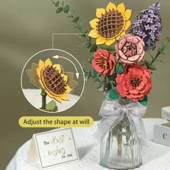 Деревянный 3D-пазл Цветок DIY Ручная работа Горшечный Подсолнух Роза Гвоздика Камелия Сирень Пазл Украшения Цветочные растения Строительный набор для поделок C