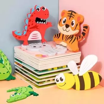 Деревянный 3D пазл детский развивающий мультфильм животные раннее обучение интеллект головоломка игра игрушки танграм для детей подарок 15X15X2CM зелёный