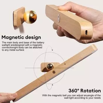 Деревянный беспроводной светодиодный ночник USB перезаряжаемый магнитный зеркальный заполняющий свет сенсорный настенный светильник кухонный шкафчик ночники